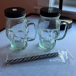 Skull Glass Mason Jar Mugs with Black Lids